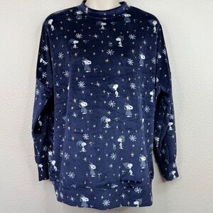 Munki Munki Peanuts Blue Velvet LS Snoopy Snowflake Winter Pajamas Top Shirt S